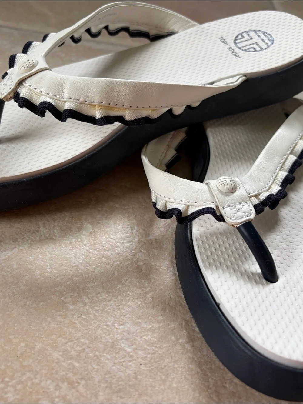 Tory Burch Sport White Thong Sandals with Navy Trim